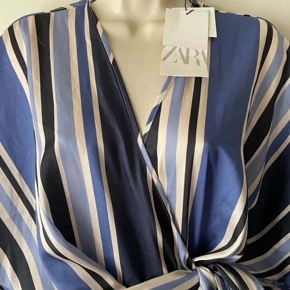 Zara Blue & White Striped Satin Wrap Skort Romper Small NWT - Picture 8 of 16